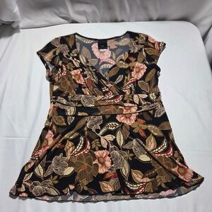 Y2k J.T.B. Floral Surplice Blouse Brown Red Black Empire Waist Stretch Top Large